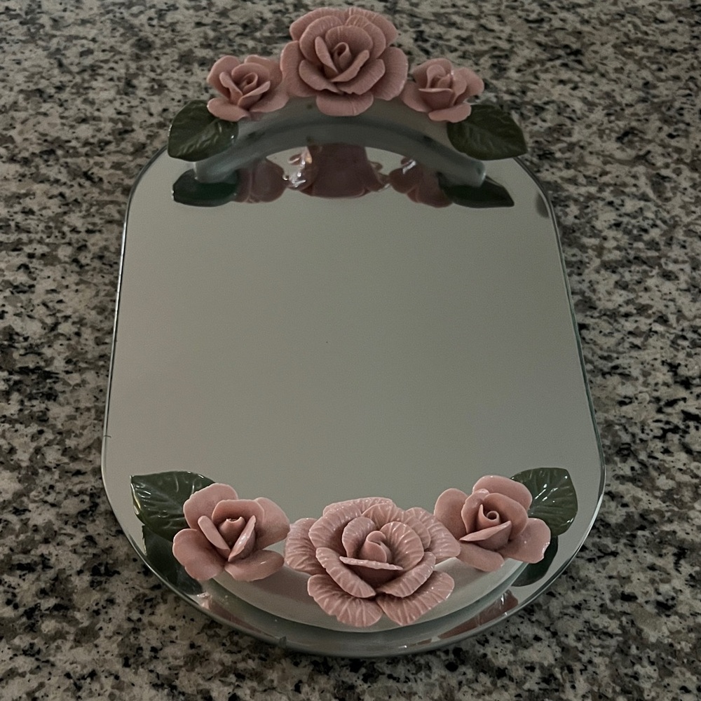 Vintage Floral Mirror Tray with Pink Roses